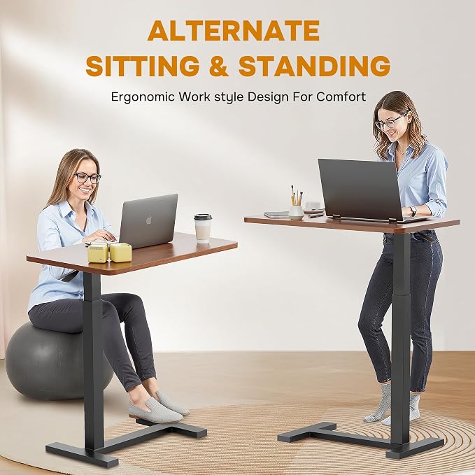 Adjustable Overbed Bedside Table with Wheels, Pneumatic Adjustable Hospital & Home Use Bed Table, Rolling Laptop Table, Mobile Standing Desk, Brown