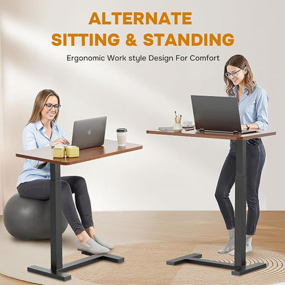 Adjustable Overbed Bedside Table with Wheels, Pneumatic Adjustable Hospital & Home Use Bed Table, Rolling Laptop Table, Mobile Standing Desk, Brown