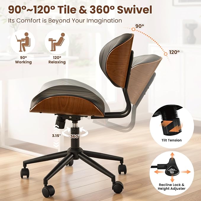 ovios Home Office Chair with Wheels, Modern PU Leather Swivel Computer Desk Chair, Mid Back Adjustable Height Armless Walnut Chairs for Office (Black Stripes)