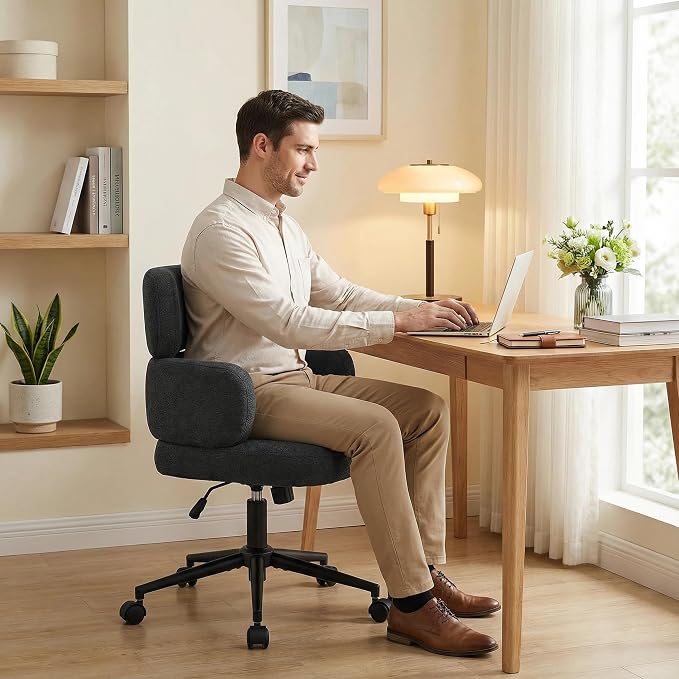 Modern Upholstered Office Chair with Wheels, Adjustable Height Swivel Desk Chair with Arms, Comfy Fabric Task Chair for Home Office, Bedroom, Study Room, Rolling Base,Black