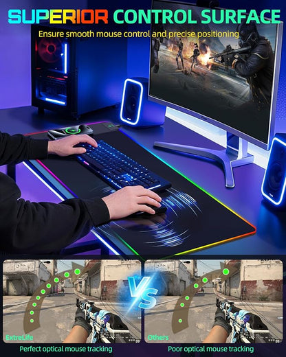 Wireless Charging Mouse Pad, RGB Gaming Desk Mat, 31.5"x15.7" Large XXL Desk Pad, 15 Lighting Modes, Ultra-Smooth Surface, Non-Slip Mouse Mat, Waterproof Computer Keyboard Pad for Desk, Office, Black