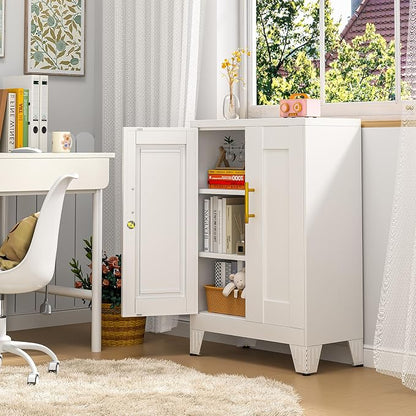 pozdeg 35.43" Lockable Metal Storage Cabinet, Steel Locker File Cabinet with 2 Doors ＆ 2 Adjustable Shelves, Multi-Purpose Organizer for Home, Office File Storage & Garage Locker (White)
