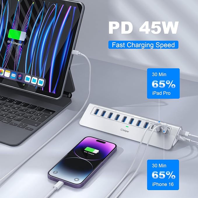 Powered USB Hub 10Gbps, intpw YH9AC Plus 13 Port USB 3.2 Hub(USB A/USB C 3.2+6 USB-A 3.0+2 PD 45W Fast Charging Ports+SD/TF Card Reader), 65W Power Adapter,Aluminum USB HUB for PC,Laptop,iPhone 17/16