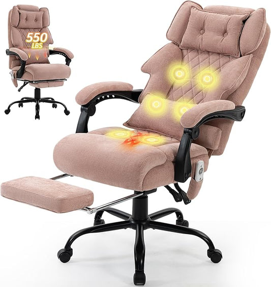 Massage Office Chair with Foot Rest,6 Points Vibration & Heat Executive Office Chairs,Ergonomic Fabric Desk Chair for Heavy People,Big and Tall Office Chair 500LBS,Recliner with Dual-Use Pillow,Pink