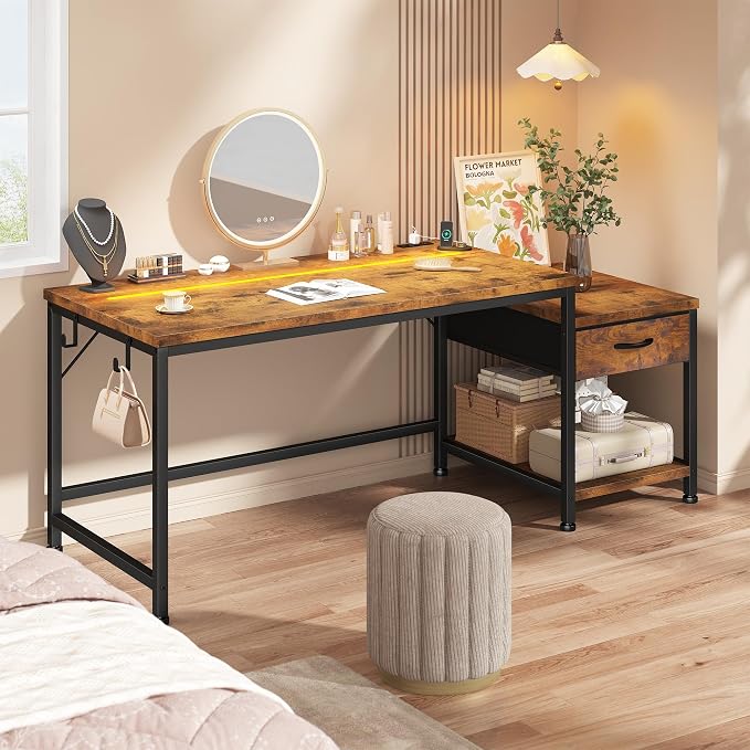 48.1''Gaming Computer Desk with A Reversible Printer Shelf, Built-in Power Outlets & LED Lights, Desk with Drawer and Headphone Hook for Gaming,Craft Working and Studying in Bedroom, Dorm,Rustic Brown