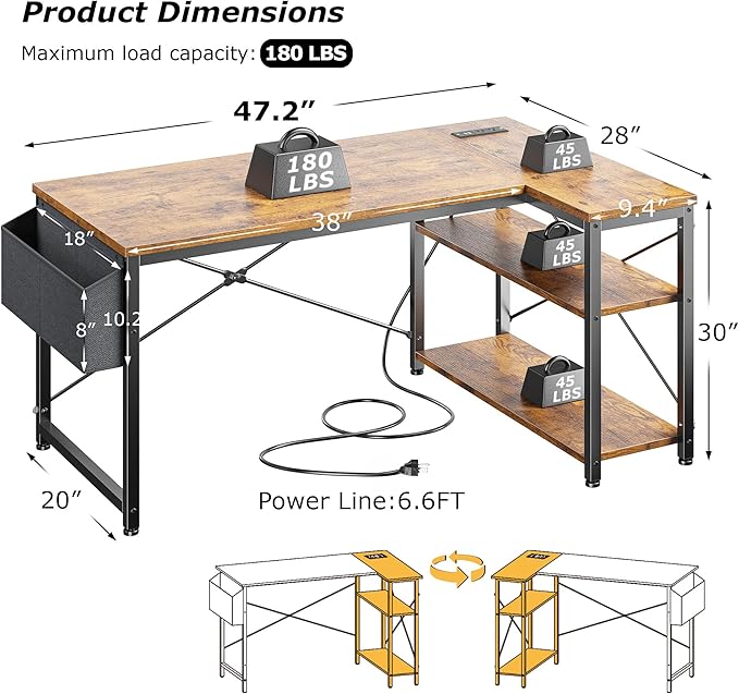 EnHomee Office Desk with Outlet,Power Home Office & Study Electronic Gear | Reliable Power Supply for Study & Electronic Device,Reversible Shelves & Side Bag,Convenience for Small Space, Black