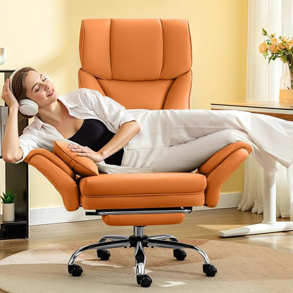 Big and Tall Office Chair, 400LBS Wide Leather Gaming Chair with Footrest, High Back Executive Chair, Reversible Armrest for Pets, 135° Reclining Cross Legged Desk Chair with Lumbar Support(Brown)