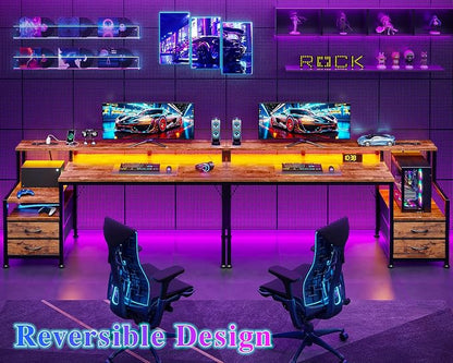 Furologee 55" Gaming Desk with LED Lights & USB-C Port, Reversible Computer Desk with Monitor Stand, Storage Shelves & 2 Fabric Drawers, Home Office Desk with Power Outlets & Hooks, Rustic Brown