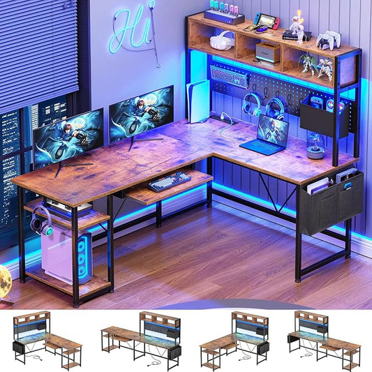 SEDETA L Shaped Gaming Desk with Hutch, 57.5” Reversible Corner Computer Desk with Storage Shelves, Gaming Desk with Pegboard, LED Lights, Power Outlet, Keyboard Tray (Rustic Brown)