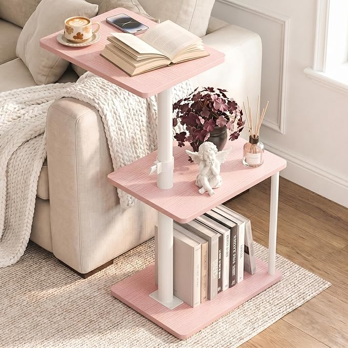Faesun Swivel Side Table for Couch Arm, Adjustable C End Table for Recliner or Bed, Tv Trays with Storage Shelf for Small Spaces Small Nightstand Table for Living Room, Bedroom，Pink