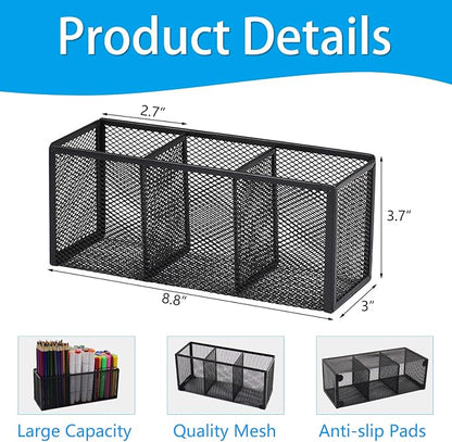 Black Mesh Pen Pencil Holder, Small Metal Desk Organizer Desktop Stationery Office Supplies Acessories Storage Stand, 3 Compartments Brushes Holder for Home School Classroom Teachers