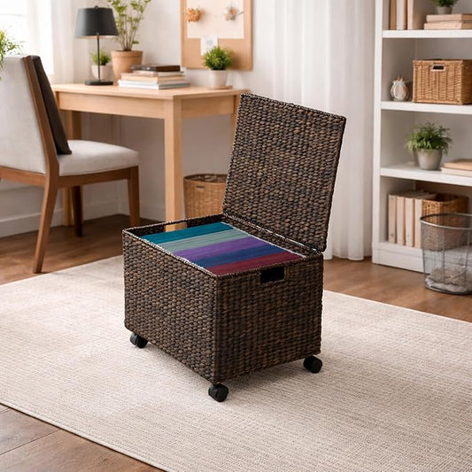 Casafield Rolling Filing Cabinet, Espresso Dark Brown - Water Hyacinth File Organizer with Lid and Wheels, Home Office Storage for Hanging Folders