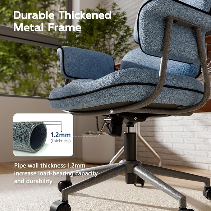 HomeZeer Blue Office Chair, Memory Foam Seat Mid Century Modern Desk Chair | 3.9" Sloped U-Shaped Memory Foam Cushion, Granular Linen Fabric, Lumbar Support, 1.2mm Sturdy Metal Tube, 400LBS Capacity