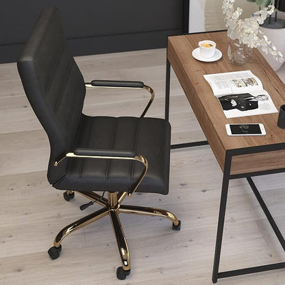 Merrick Lane Milano Contemporary High-Back Black Faux Leather Home Office Chair with Padded Gold Arms