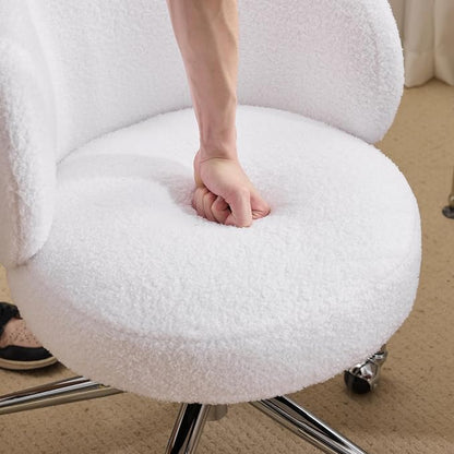 VINGLI Cute Small Swivel Desk Chair Comfy with Wheels,Ergonomic Low-Back Lumbar Support Vanity Nail Tech Rolling Task Stool Girls Women Kids Chair for Home Office,Height Adjustable,Teddy Fleece,White
