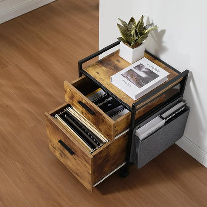 EUREKA ERGONOMIC 2 Drawer Mobile File Cabinet with Wheels, Solid Wood Rolling Storage Cabinet for Home Office, Space-Saving Under Desk Organization with Printer Stand, Rustic Brown