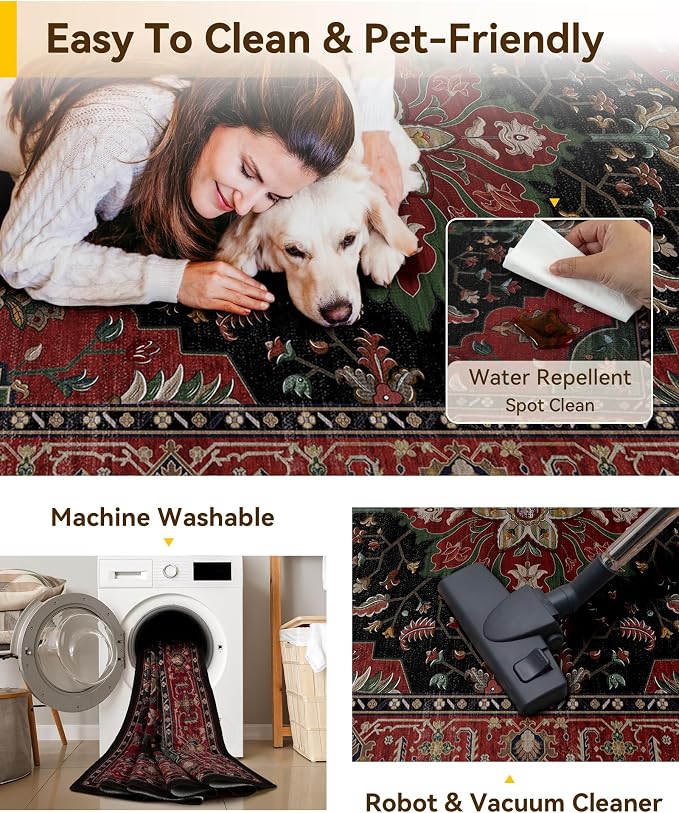 RELEANY Area Rugs Square 8ft Washable Non-Slip, Floral Vintage Distress Medallion Carpet for Living Room Bedroom Dining Room, Red Black