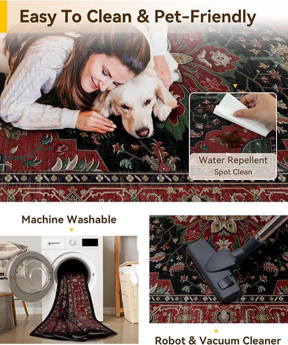 RELEANY Area Rugs Square 8ft Washable Non-Slip, Floral Vintage Distress Medallion Carpet for Living Room Bedroom Dining Room, Red Black
