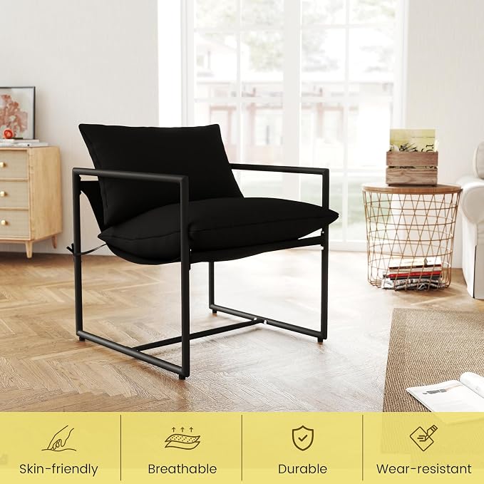 Kromax Sling Accent Chair, Cozy Living Room Chairs, Square Metal Frame, Upholstered Soft Cushion, Sponge, 28" x28“x32, Easy Assembly, Black