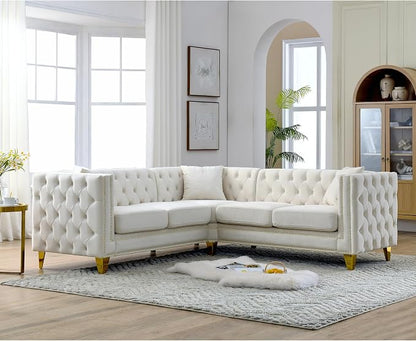 mikibama Modern L-Shaped Sofa Couch with Nailhead Trim,Chesterfiled Velvet 5 Seater Corner Sofas for Living Room,Button Tufted Modular Sectional Sofa with Gold Metal Legs (Velvet Beige, L-Shaped)