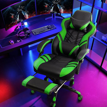 Goplus Gaming Chair, Computer Chair with Footrest and Lumbar Support, Height Adjustable Executive Swivel Rolling Task Chair with 90°-155° Tilt Function (Green)