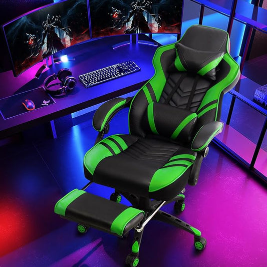 Goplus Gaming Chair, Computer Chair with Footrest and Lumbar Support, Height Adjustable Executive Swivel Rolling Task Chair with 90°-155° Tilt Function (Green)