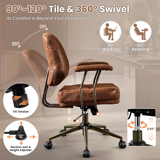 ovios Ergonomic Office Chair, Mid Back Faux Leather Executive Chairs with Thick Cushion, Comfy Mid-Century Modern Swivel Rolling Computer Armchair (Dark Brown, Suede Leather)