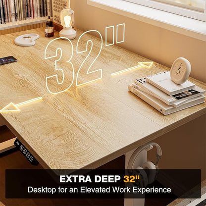 Grandder 63x32 Large Electric Standing Desk, Height Adjustable Computer Desk with 2 Memory Presets, 31.5" Deep Desktop Sit Stand Desk Home Office Desk Workstation Table with Hooks, Oak