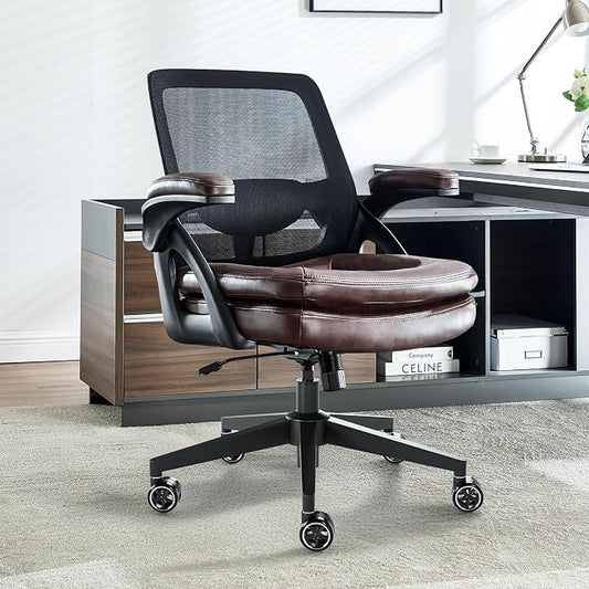 Big and Tall Office Chair, 500lbs Mesh Heavy Duty Ergonomic Desk Chair with Flip-up Armrests, Plus Size Wide Seat in PU Leather, 360 Swivel Computer Executive Task Chair for Home Office (Brown)