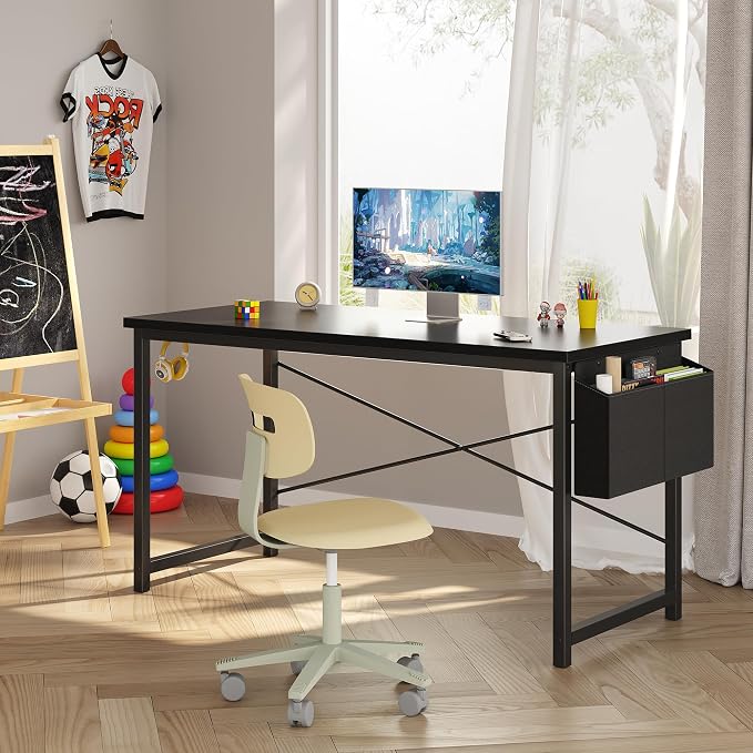 OLIXIS 55 Inch Computer Desk for Home Office, Writing Study Craft Gaming Table, Modern Computer Workstation with Storage Bag and Headphone Hook for Bedroom Small Spaces, Black