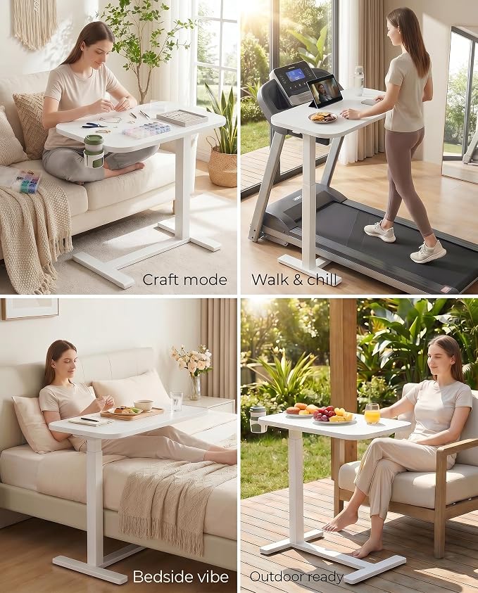 Marsail 28×16" Overbed Table with Wheels and 360° Cup Holder, Height-Adjustable Pneumatic Bedside Table, Mobile Computer Standing Desk for Home Office, White