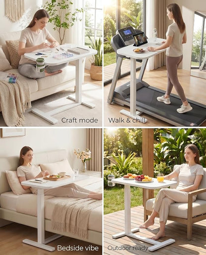 Marsail 28×16" Overbed Table with Wheels and 360° Cup Holder, Height-Adjustable Pneumatic Bedside Table, Mobile Computer Standing Desk for Home Office, White