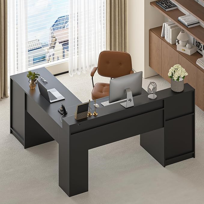 YOMILUVE 63" Farmhouse L Shaped Desk with Drawers & Storage Shelf, Corner Computer Desk with Power Outlets for Home Office, Executive Desk with Monitor Stand, Printer Shelf, Black