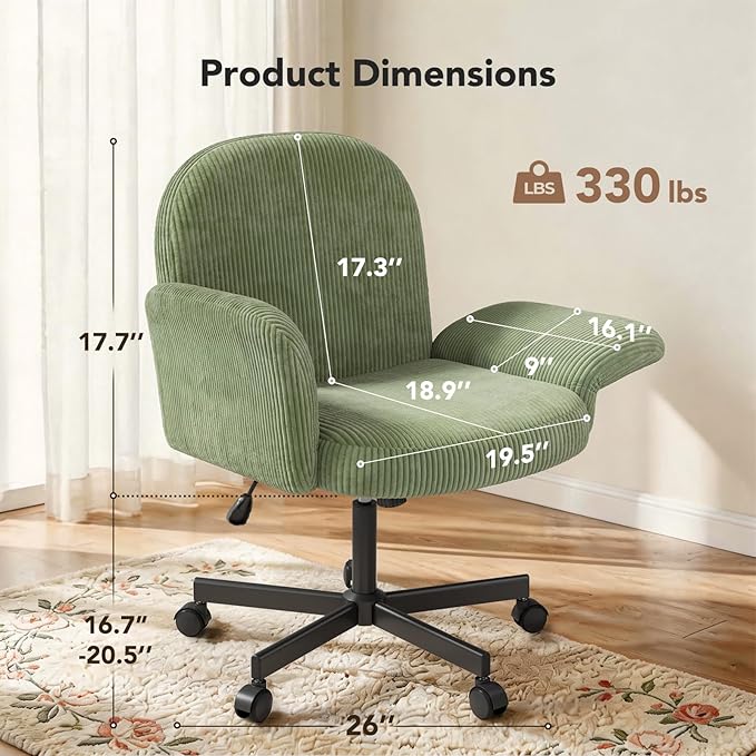 HUANUO Criss Cross Office Chair for Women, Cross Legged Desk Chair with Adjustable Armrests, Soft Corduroy Fabric for Small Spaces, Petite Home Office Computer Chair for Girls, Light Green