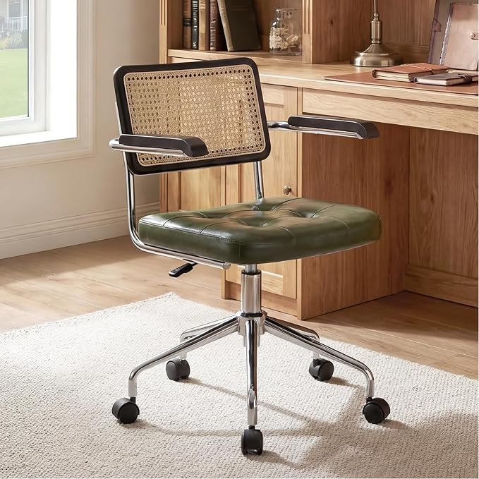 Zesthouse Modern Home Office Chair Leather Desk Chair with Rattan Back, Vanity Chair for Girls Women, Upholstered Tufted Swivel Armchair for Bedroom, Height Adjustable Computer Task Chair