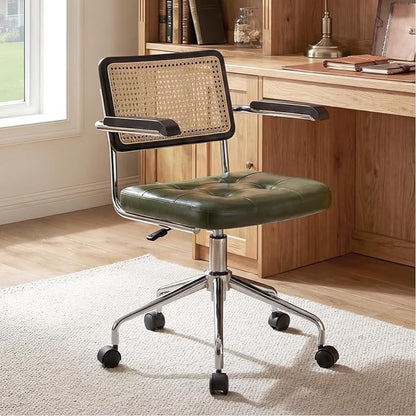 Zesthouse Modern Home Office Chair Leather Desk Chair with Rattan Back, Vanity Chair for Girls Women, Upholstered Tufted Swivel Armchair for Bedroom, Height Adjustable Computer Task Chair