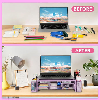 Qupui Computer Monitor Stand Riser with Drawer and Pen Holders, Desk Organizer Shelf and Accessories, Office Desk Accessories, Office Organization, Purple