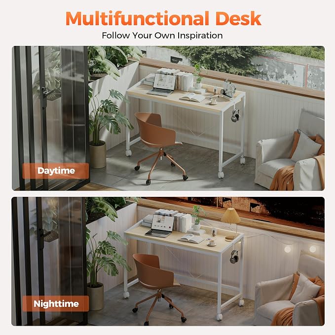 Mericonia 48 inch Rolling Computer Desk with Wheels, Gaming Desk for Small Spaces, Modern Simple Style Table for Home Office, Study Writing Table