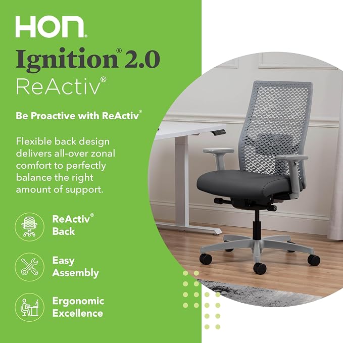 HON Ignition 2.0 ReActiv Ergonomic Office Chair, Mesh Desk Chair with Lumbar Support, Advanced Synchro‑Tilt, Height and Width Adjustable Arms, Swivel Wheels, Titanium Frame, Graphite
