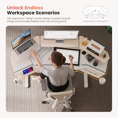 EUREKA ERGONOMIC Standing Desk with Keyboard Tray, Large Music Studio Gaming Desk, Wing Shaped Sit Stand Table 72'', LED Convertible Shelves, Dual Motor&Slot, Maple