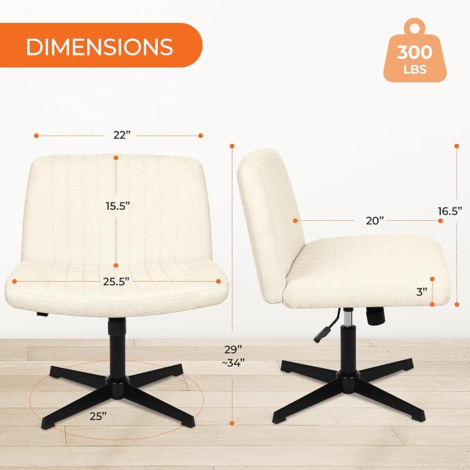 NEO CHAIR Criss Cross Chair No Wheel Vanity Desk Chair Wide Armless Cross Legged Office Comfy Makeup Adjustable Computer Task for Home Office Fabric (Beige)