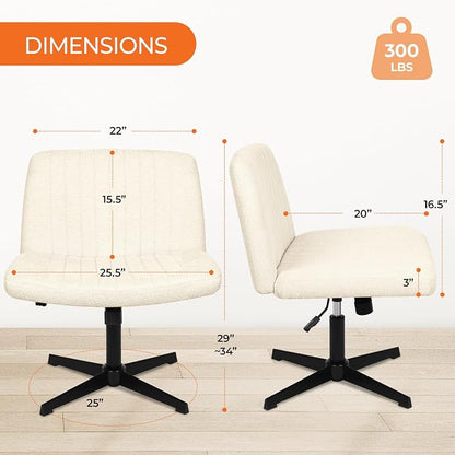 NEO CHAIR Criss Cross Chair No Wheel Vanity Desk Chair Wide Armless Cross Legged Office Comfy Makeup Adjustable Computer Task for Home Office Fabric (Beige)