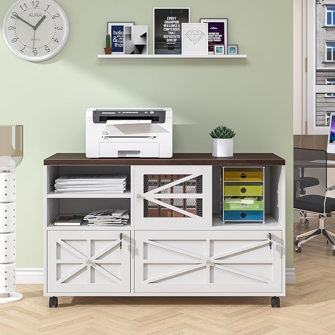 kepptory 2 Drawer File Cabinet with Lock, Rolling File Cabinet for Home Office Fits Files Letter/Legal/F4/A4, Filing Cabinet 2 Drawer with Adjustable Shelf & 2 Lockable Wheels (White + Brown)