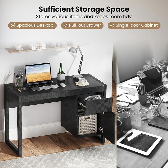 Tangkula Computer Desk with Storage Cabinet & Drawer, White Wooden Home Office Desk, PC Laptop Workstation Study Writing Desk with Smooth Surface, Ideal for Home Office (Black)
