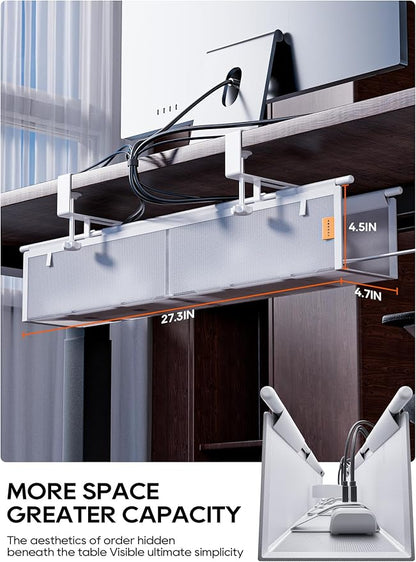 27" No Drill Under Desk Cable Management Tray (White) | Fire-Resistant Thickened Nylon Material, Clip-on Cord Organizer to Hide Power Strip, Heat Dissipation Mesh Design, for Office