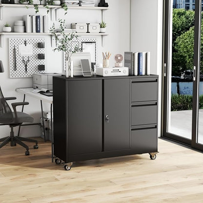 3 Drawer Metal File Cabinet with Wheels, Lockable Mobile Lateral Filing Cabinet for Home Office, Unique Gooseneck Edge Design, Fits Letter/A4/Legal Size, Under Desk Storage Cabinet, Black