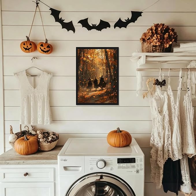 Framed Halloween Witch Wall Art - Autumn Forest Witch Canvas Print, Vintage Gothic Dark Academia Halloween Wall Decor, Spooky Fall Artwork for Bedroom Living Room Home 12x16in Wood Frame