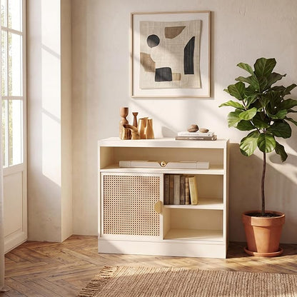 ModernMate Modern Wood Accent Cabinet with Sliding Door, Adjustable Open Shelves & Gold Handle Storage Cabinet for Home Office, 31W*20D*29H, White Rattan
