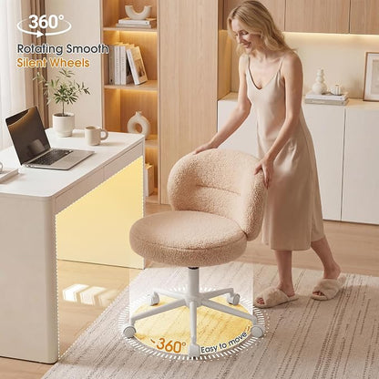 Homkdom Round Vanity Chair with Wheels, Ultra-Soft Desk Chair, Height Adjusts to Your Mirror, Silent Casters, Cute Bedroom Dressing Chair for Daily Beauty Routines, Yellow