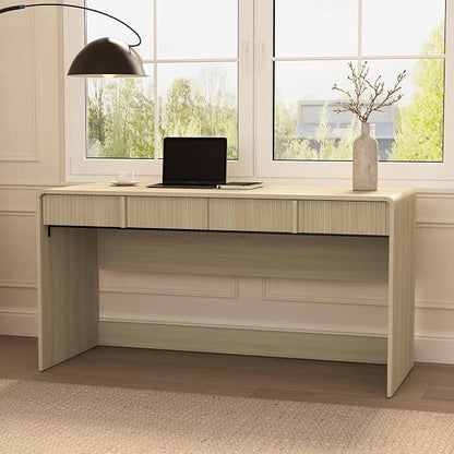 Manhattan Comfort Novara Modern 60" Writing Desk with 2 Smooth-Glide Drawers with Fluted Fronts, Office Desk with Large Work Surface, Stylish Rounded Edges, Whitewashed Oak